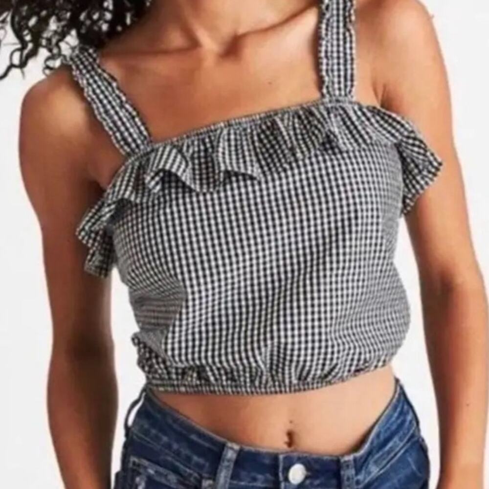 American Eagle Gingham Ruffle Crop Top Black & White Tank 100% Cotton Sz Medium